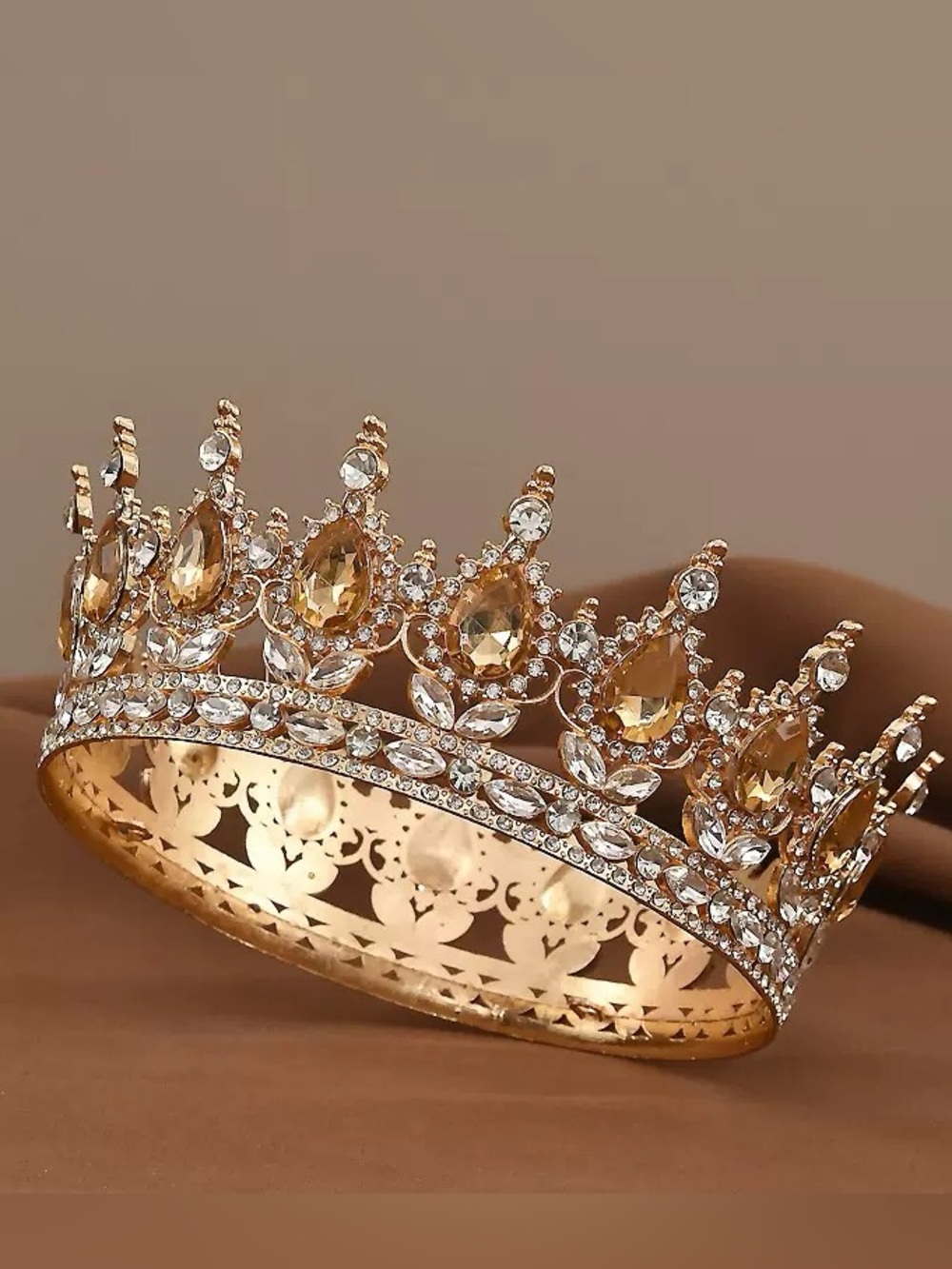 Gold Crystal Teardrop Crown Tiara - Elegant Women's Hair Accessory